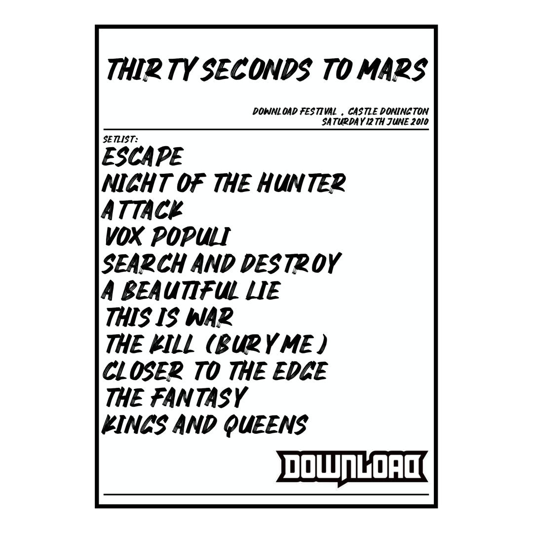 Thirty Seconds to Mars Castle Donington 12th June 2010 Setlist poster