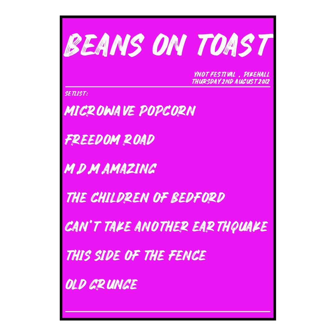 Beans on Toast Pikehall 2nd August 2012 Setlist poster