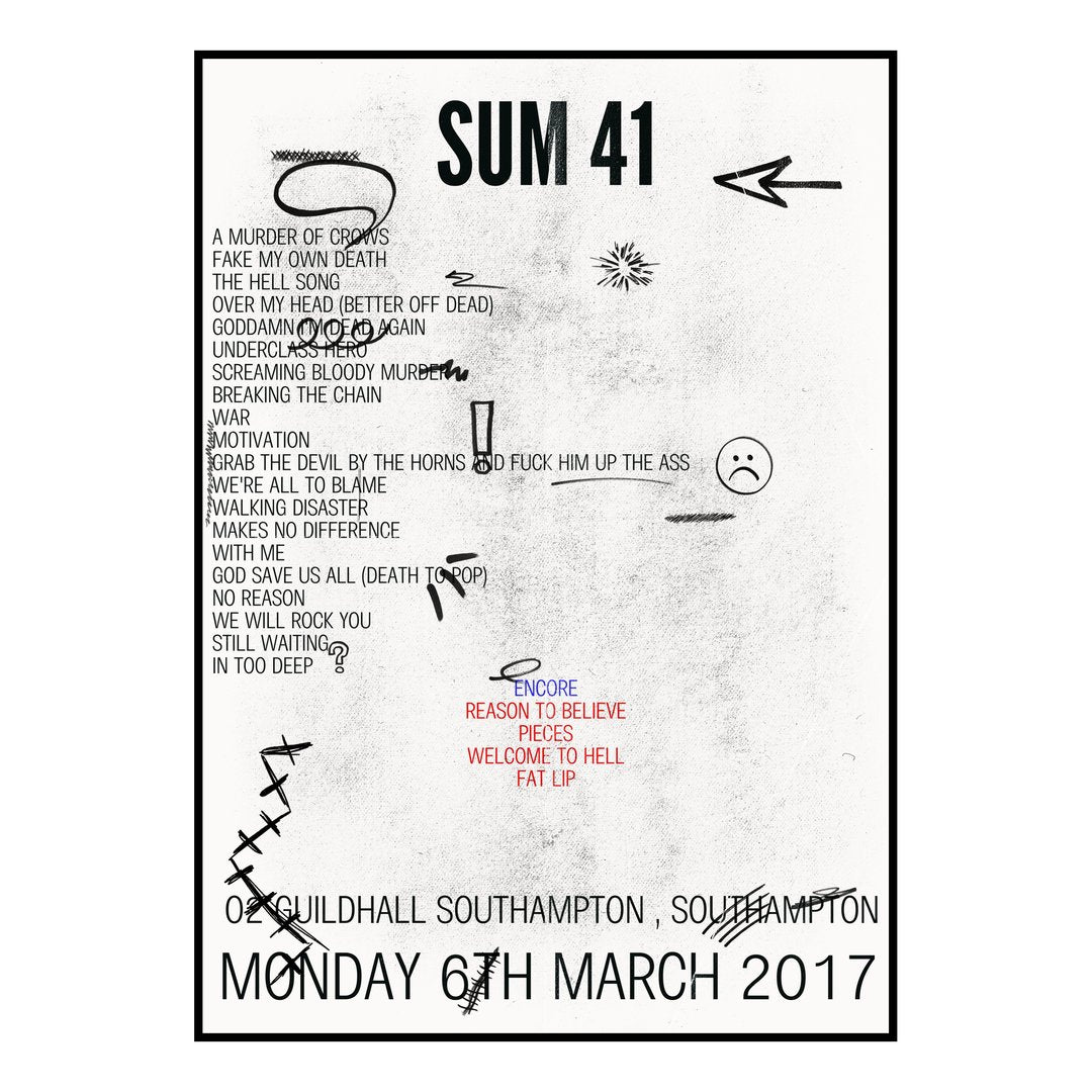 Sum 41 Southampton 6th March 2017 Setlist poster