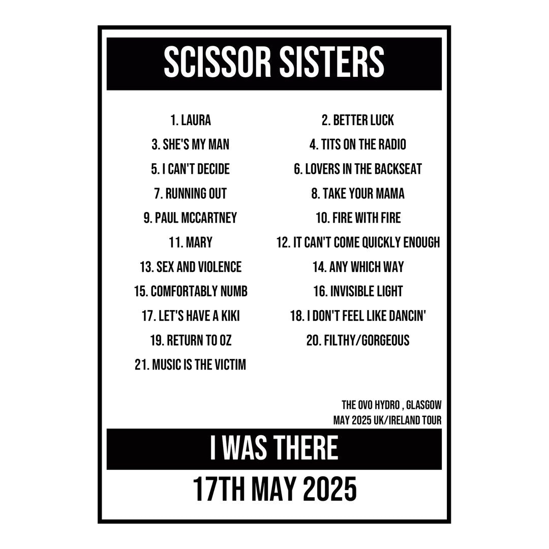 A Setlist Poster Featuring Scissor Sisters Gig from Glasgow in 2025