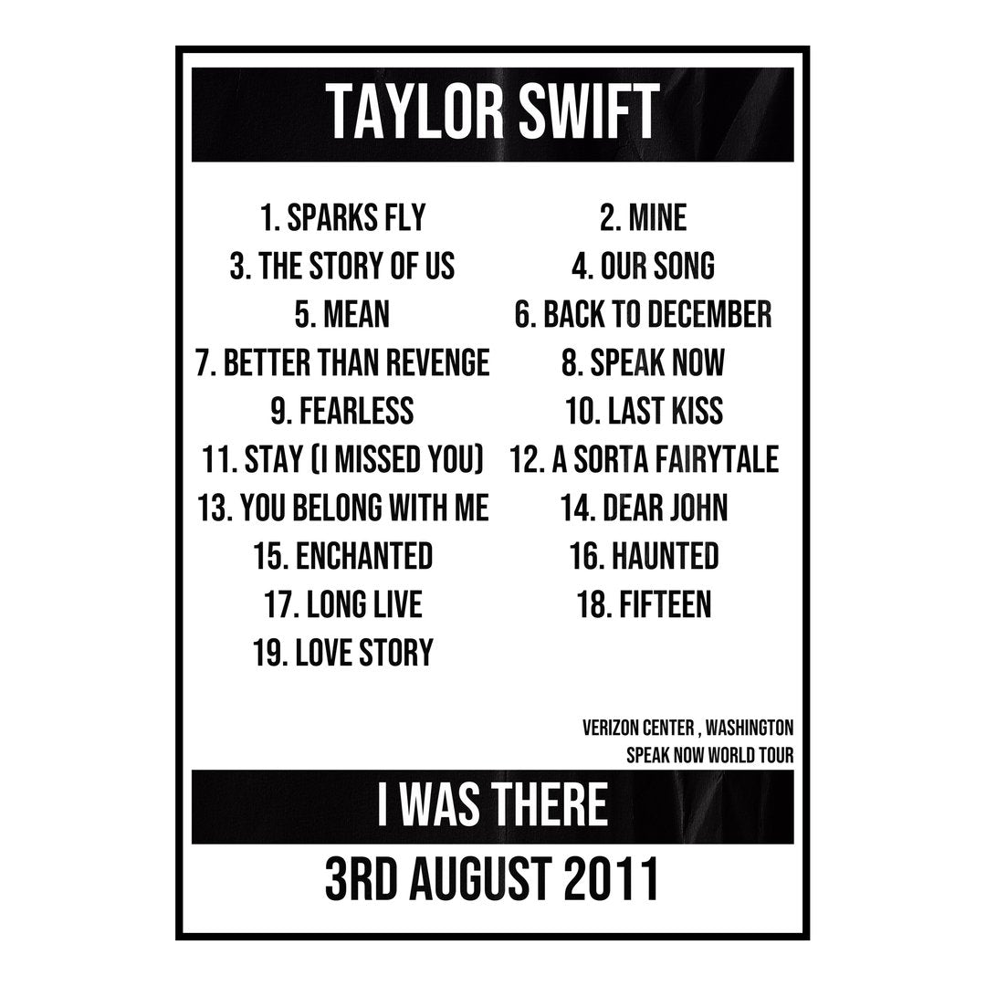 Taylor Swift Washington 3rd August 2011 Setlist poster