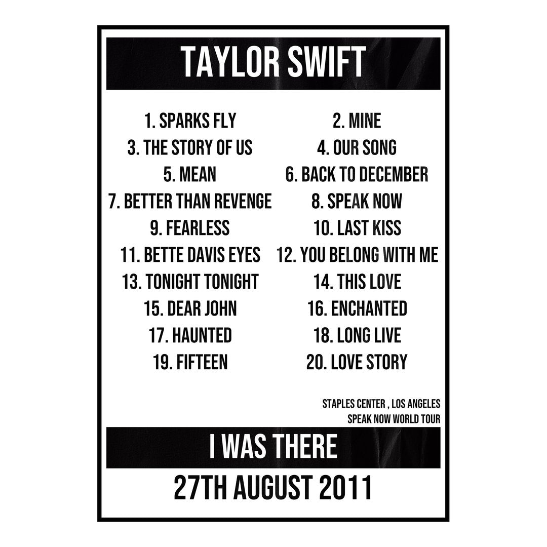 Taylor Swift Los Angeles 27th August 2011 Setlist poster