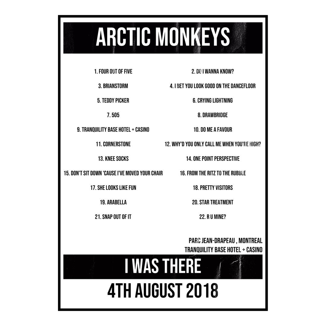 Arctic Monkeys Montreal 4th August 2018 Setlist poster