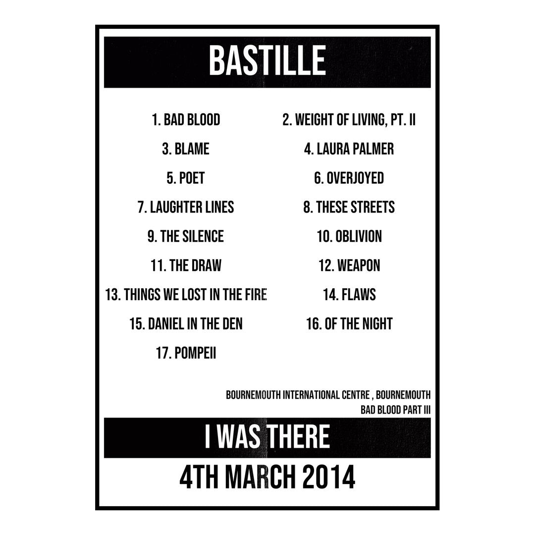 Bastille Bournemouth 4th March 2014 Setlist poster