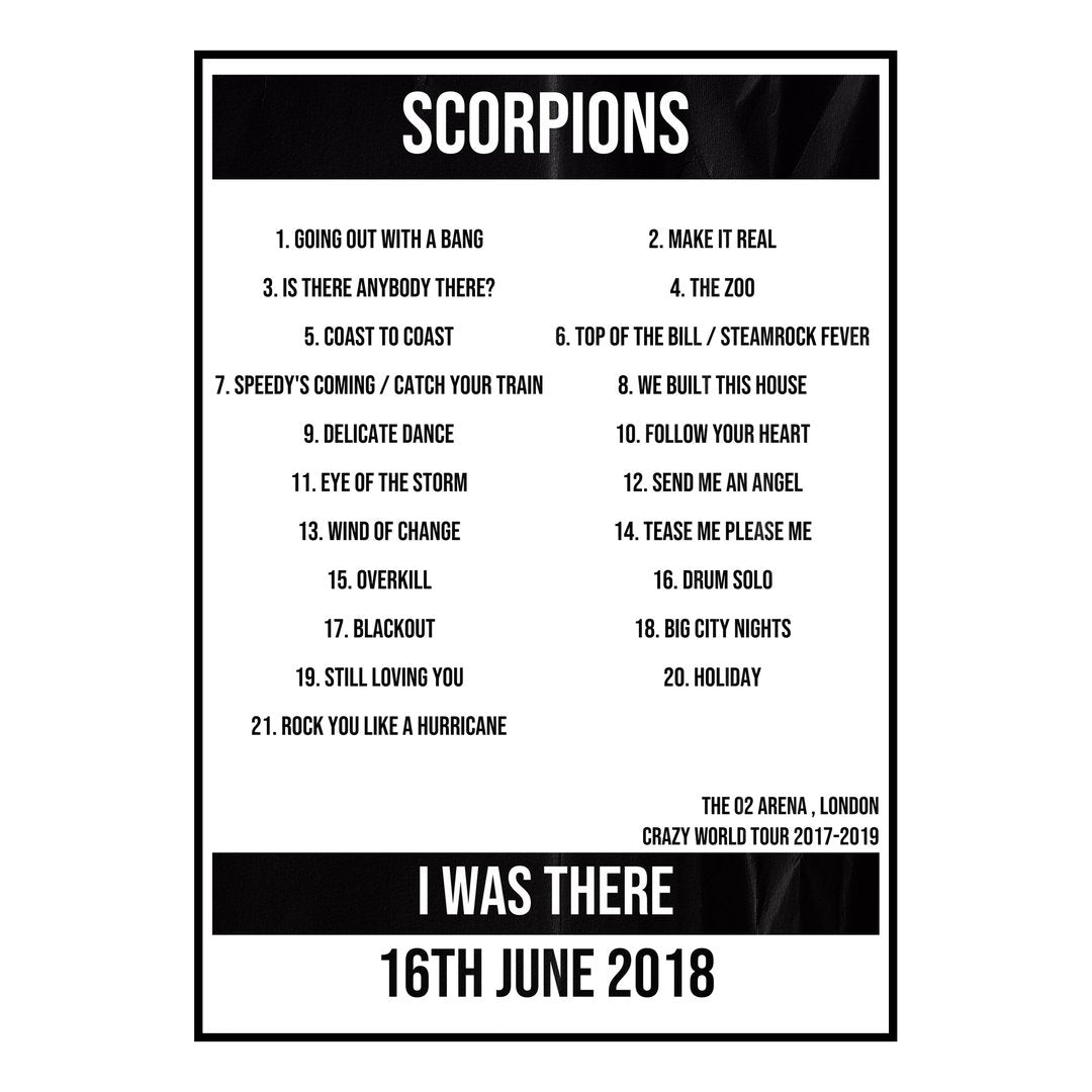 Scorpions London 16th June 2018 Setlist poster