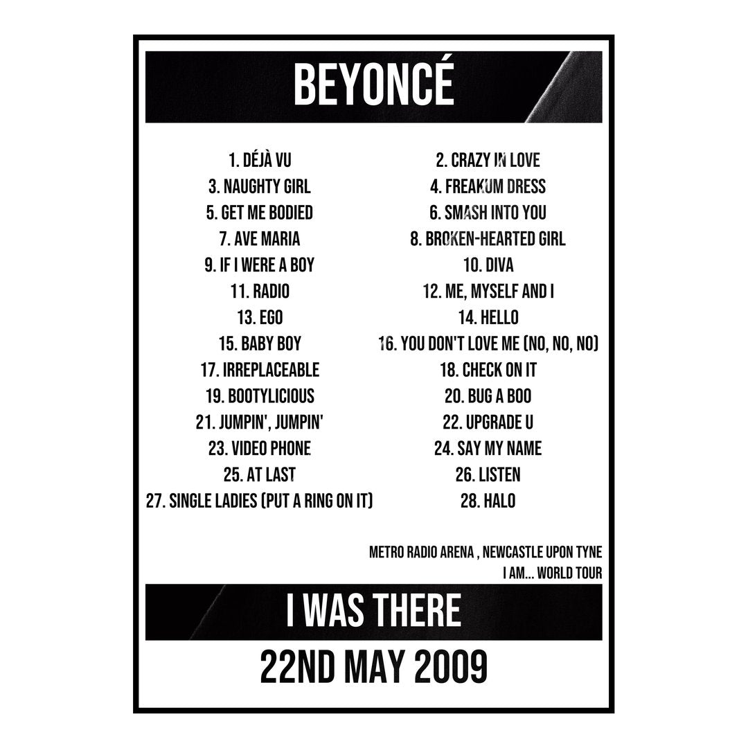 Beyoncé Newcastle upon Tyne 22nd May 2009 Setlist poster