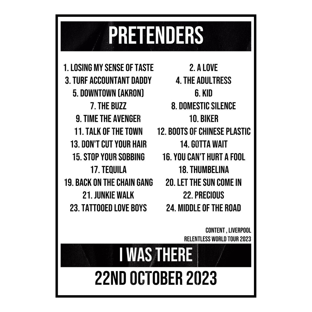 Pretenders Liverpool 22nd October 2023 Setlist poster