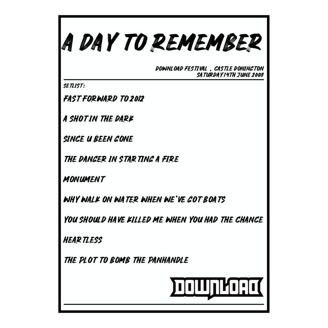 A Day to Remember Castle Donington 14th June 2008 Setlist poster