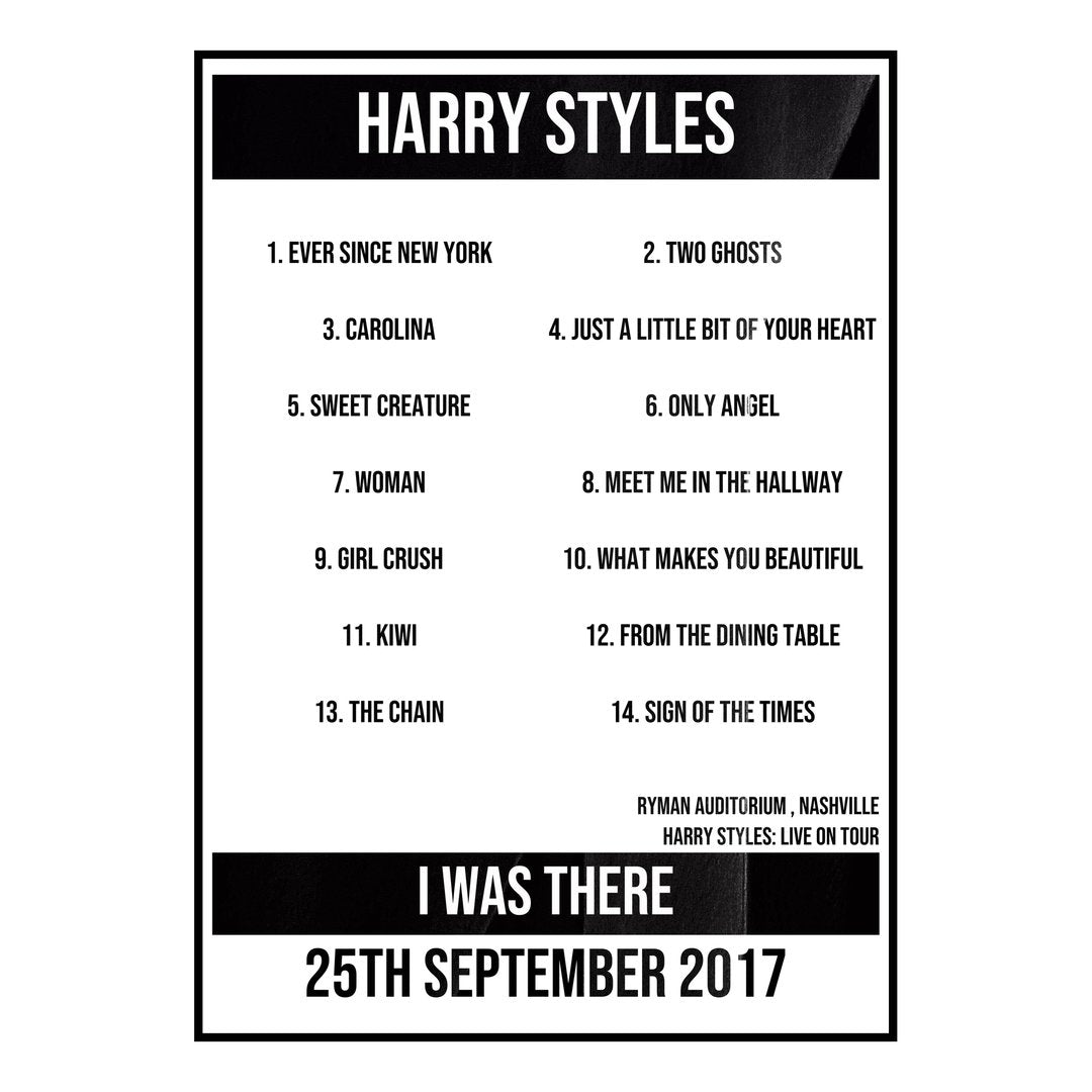 Harry Styles Nashville 25th September 2017 Setlist poster
