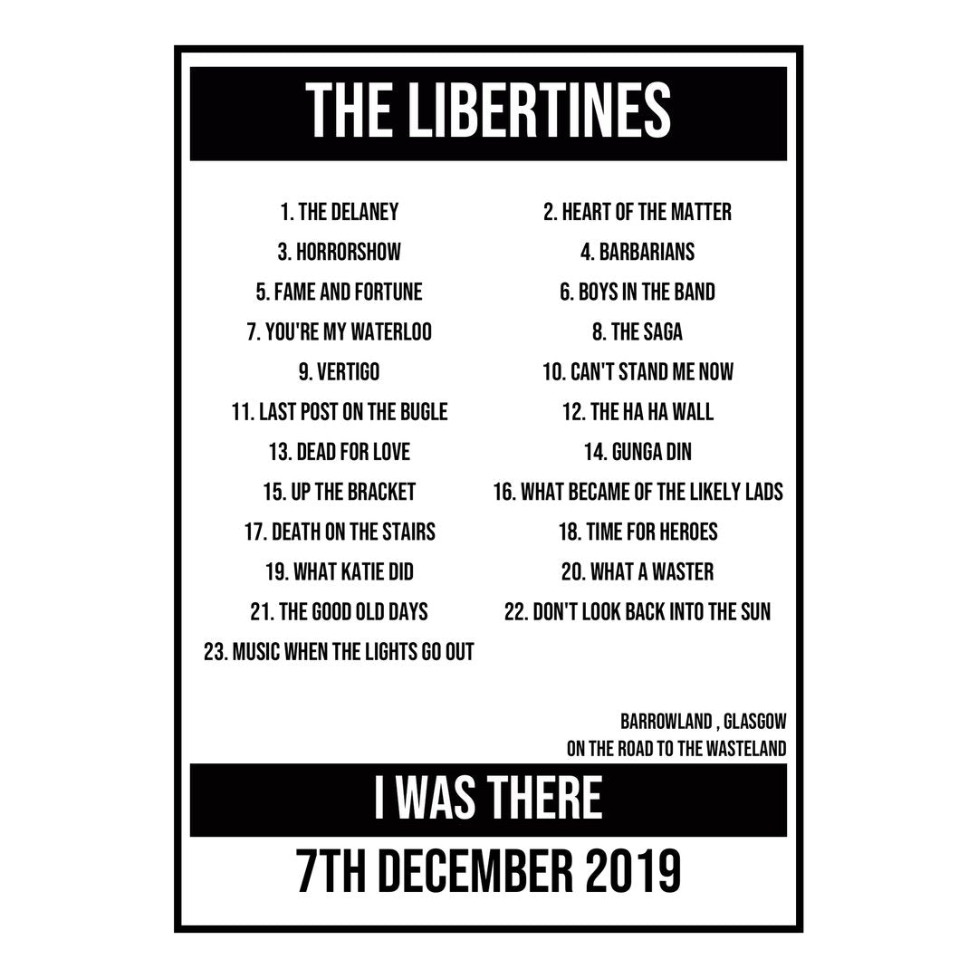 A Setlist Poster Featuring The Libertines Gig from Glasgow in 2019