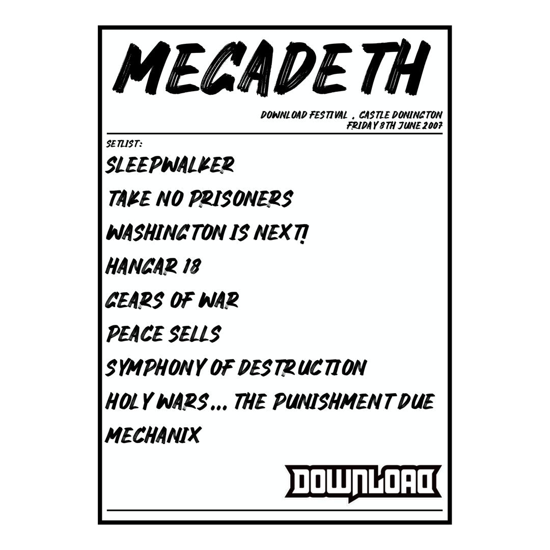 Megadeth Castle Donington 8th June 2007 Setlist poster