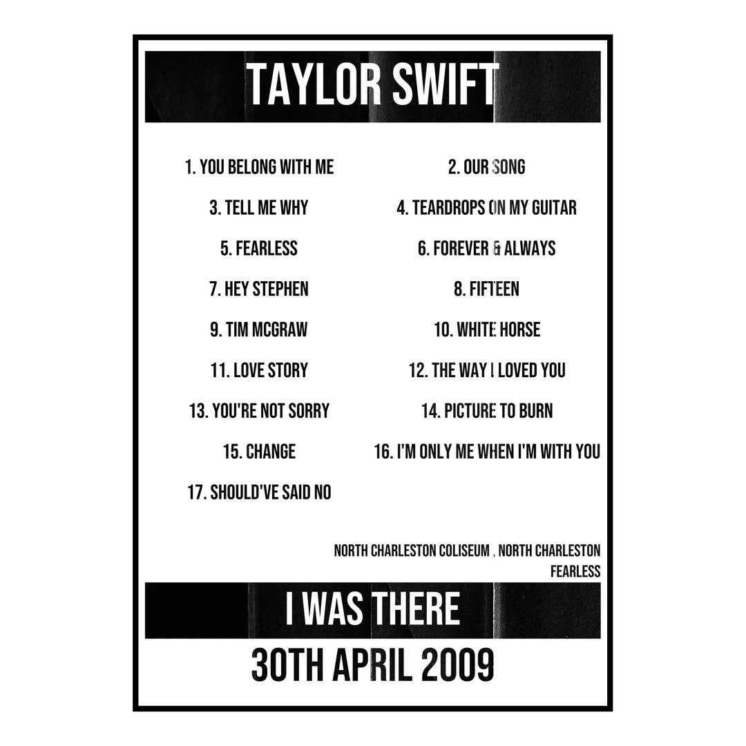 Taylor Swift North Charleston 30th April 2009 Setlist poster