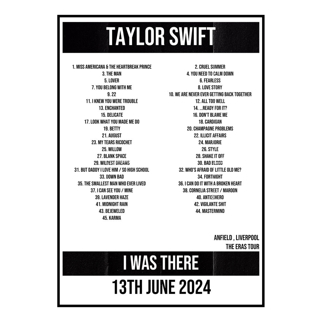 Taylor Swift Liverpool 13th June 2024 Setlist poster