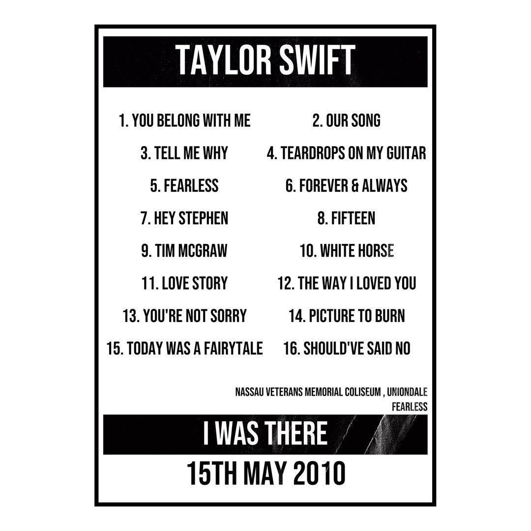 Taylor Swift Uniondale 15th May 2010 Setlist poster