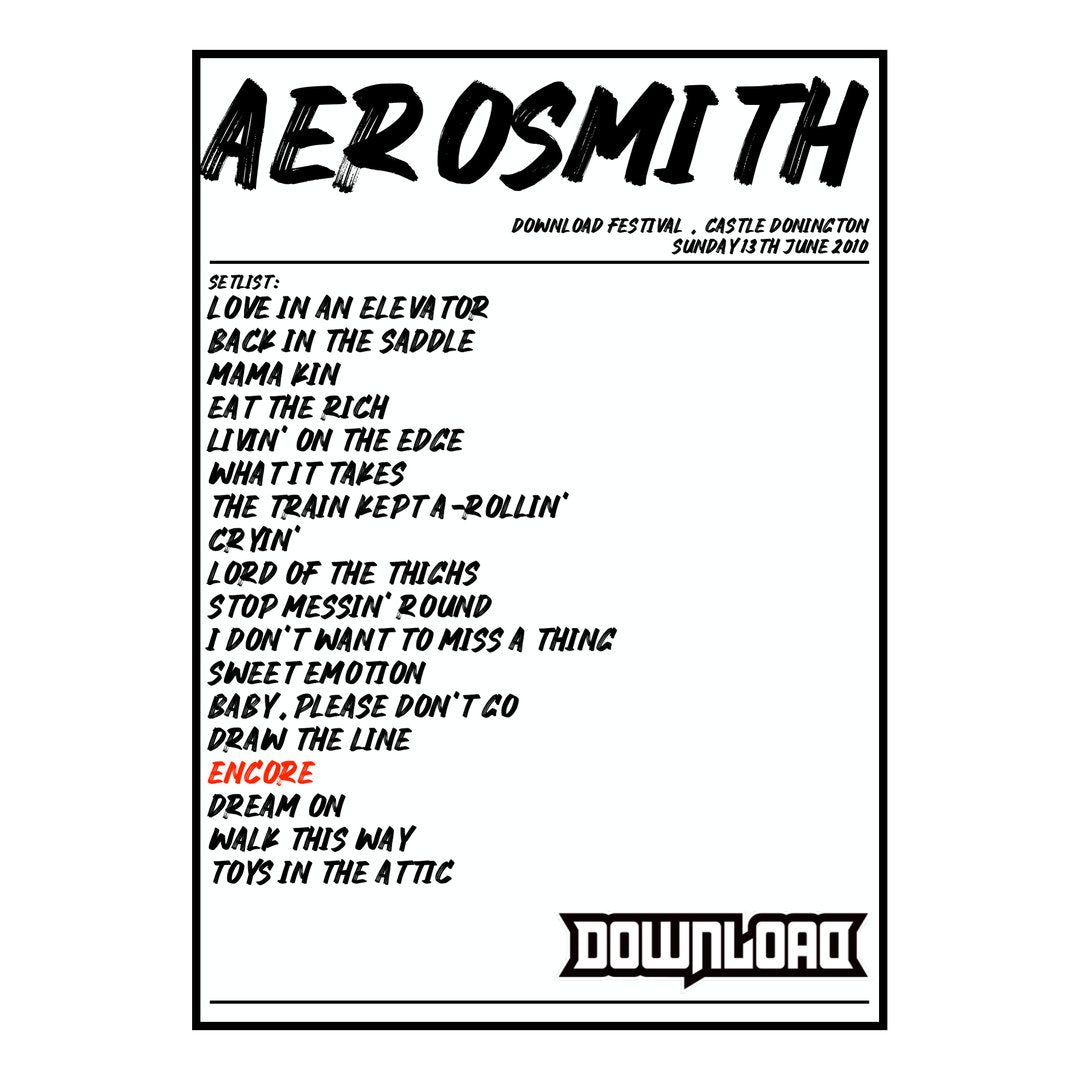 Aerosmith Castle Donington 13th June 2010 Setlist poster