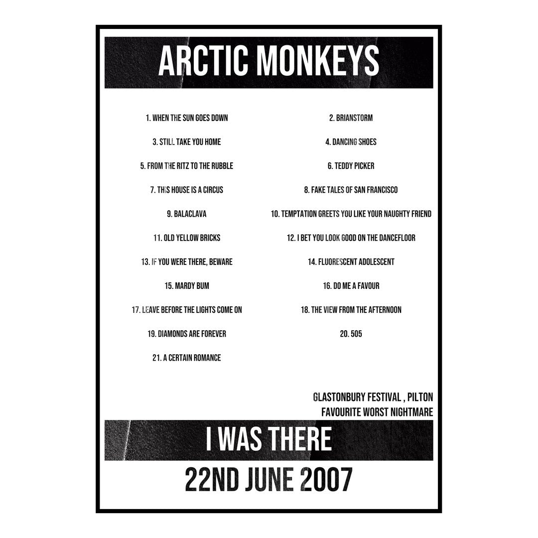 Arctic Monkeys Pilton 22nd June 2007 Setlist poster