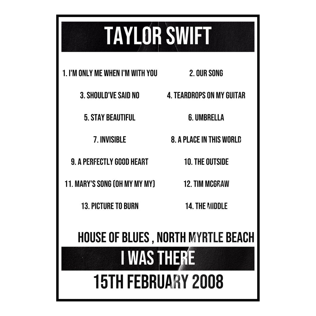 Taylor Swift North Myrtle Beach 15th February 2008 Setlist poster