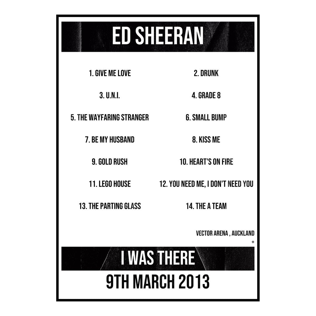Ed Sheeran Auckland 9th March 2013 Setlist poster