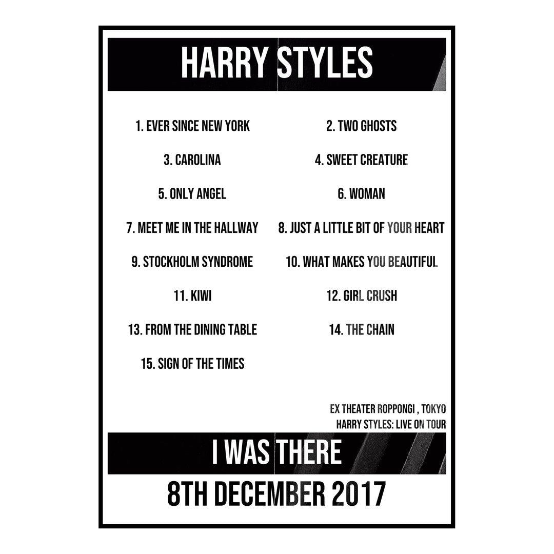 Harry Styles Tokyo 8th December 2017 Setlist poster