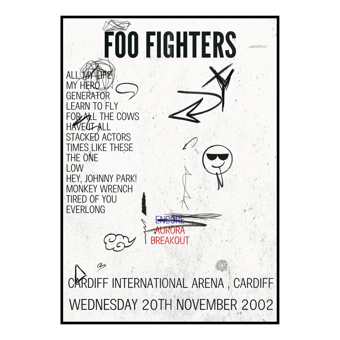 Foo Fighters Cardiff 20th November 2002 Setlist poster
