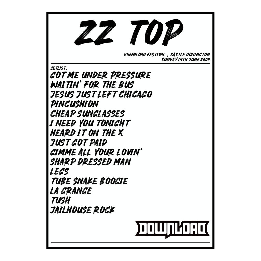 ZZ Top Castle Donington 14th June 2009 Setlist poster
