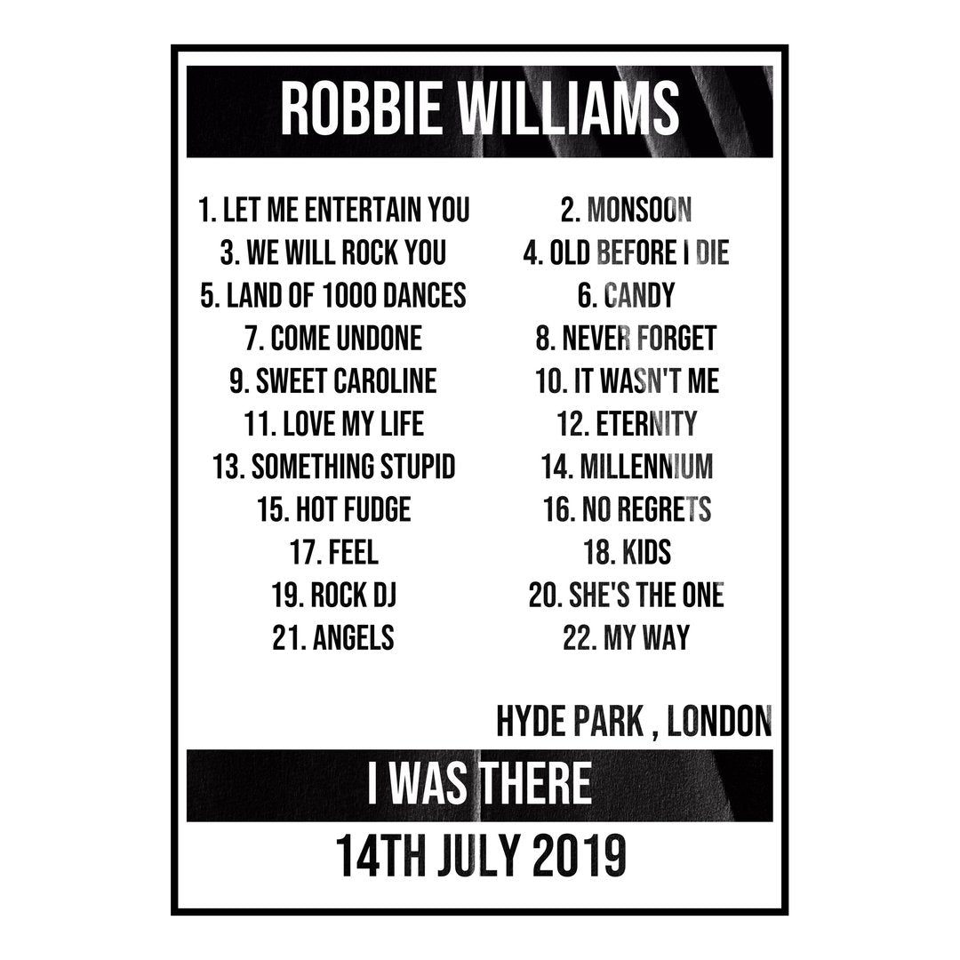 Robbie Williams London 14th July 2019 Setlist poster