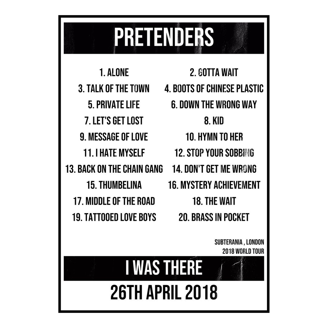 Pretenders London 26th April 2018 Setlist poster