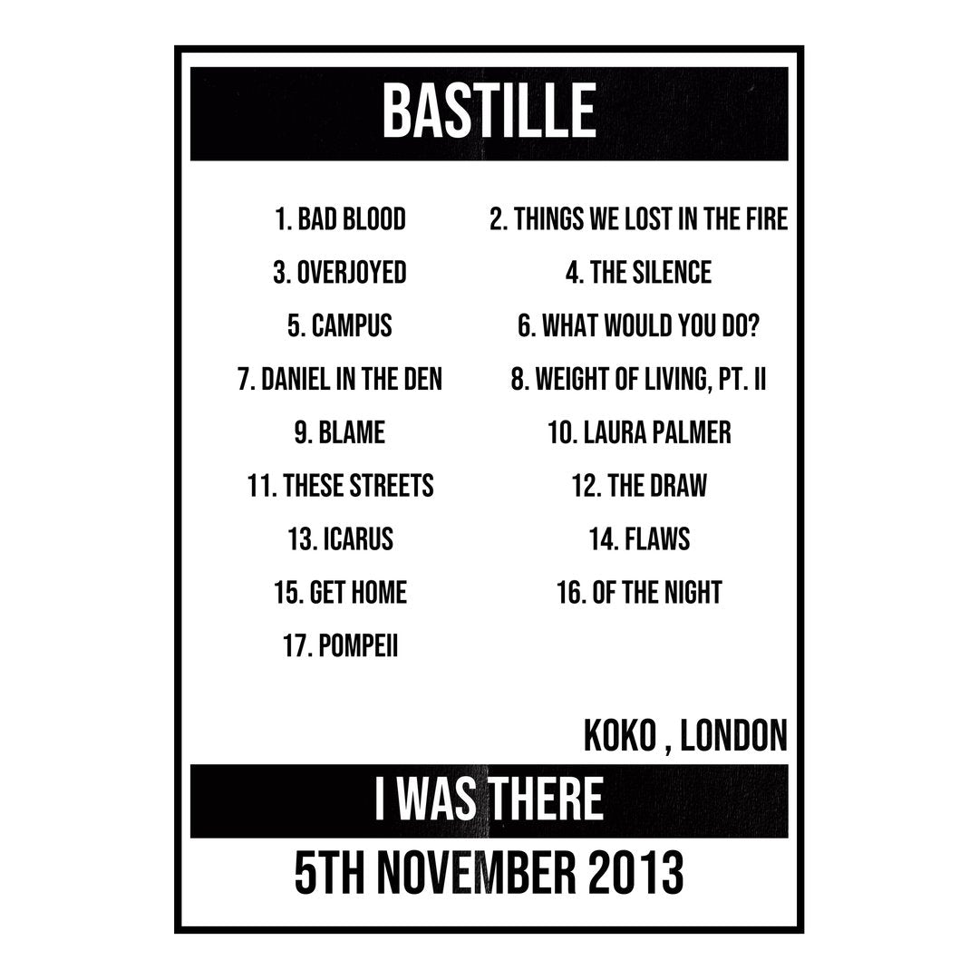 Bastille London 5th November 2013 Setlist poster