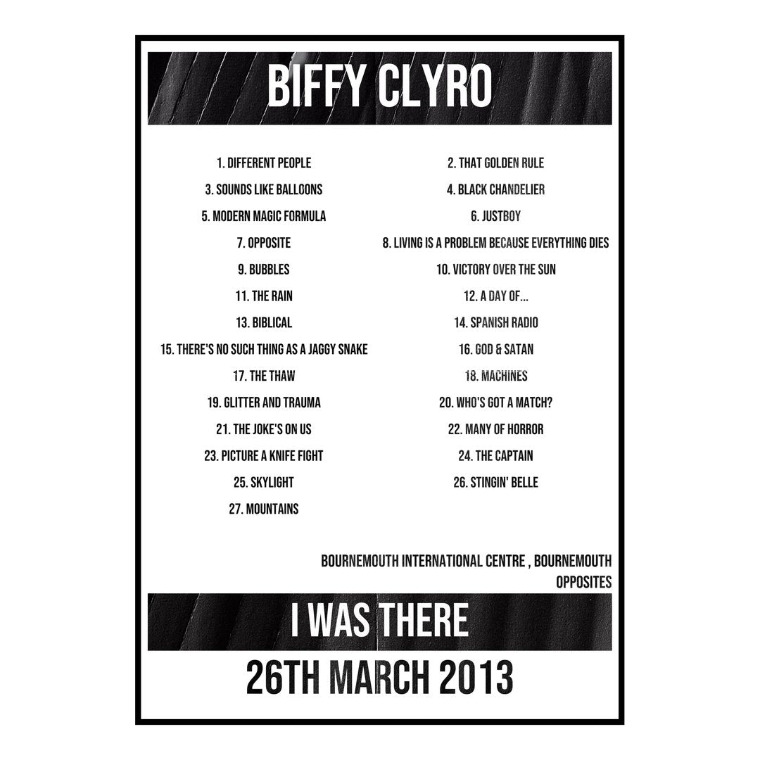 Biffy Clyro Bournemouth 26th March 2013 Setlist poster