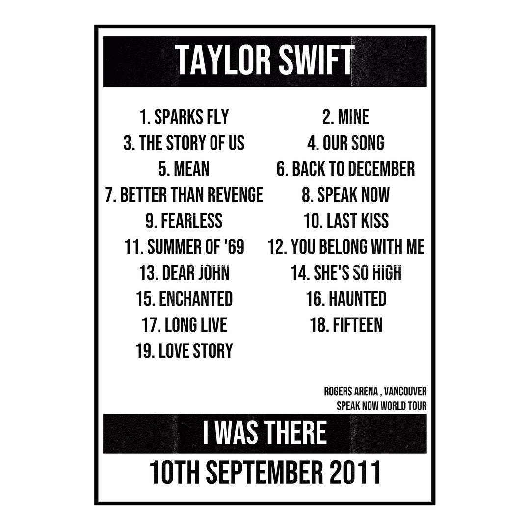 Taylor Swift Vancouver 10th September 2011 Setlist poster