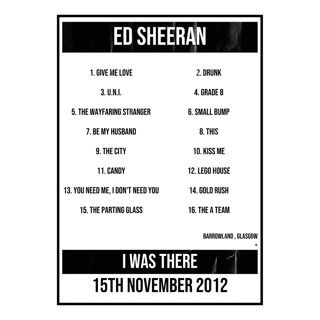 Ed Sheeran Glasgow 15th November 2012 Setlist poster