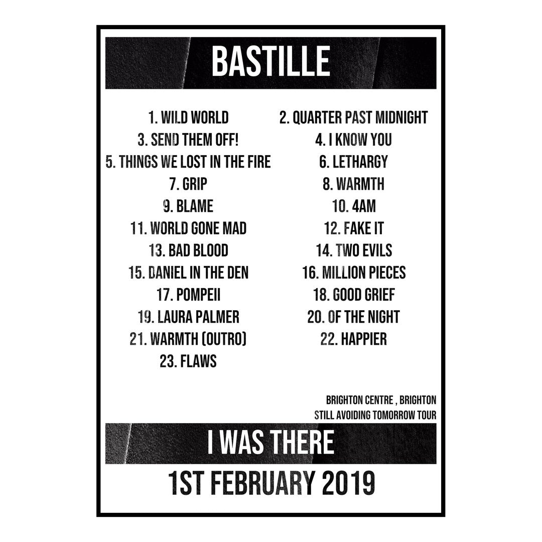 Bastille Brighton 1st February 2019 Setlist poster