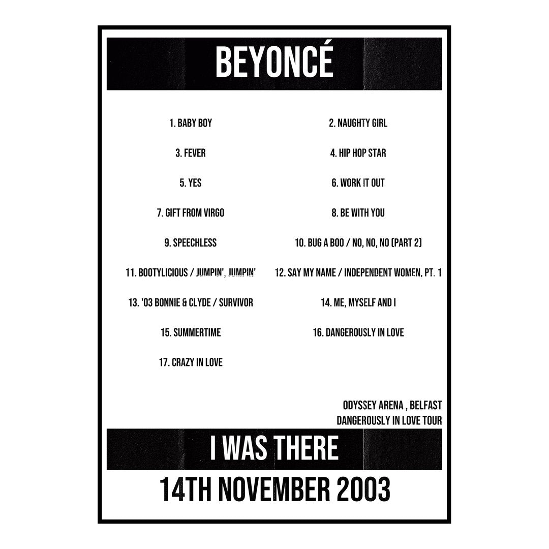 Beyoncé Belfast 14th November 2003 Setlist poster