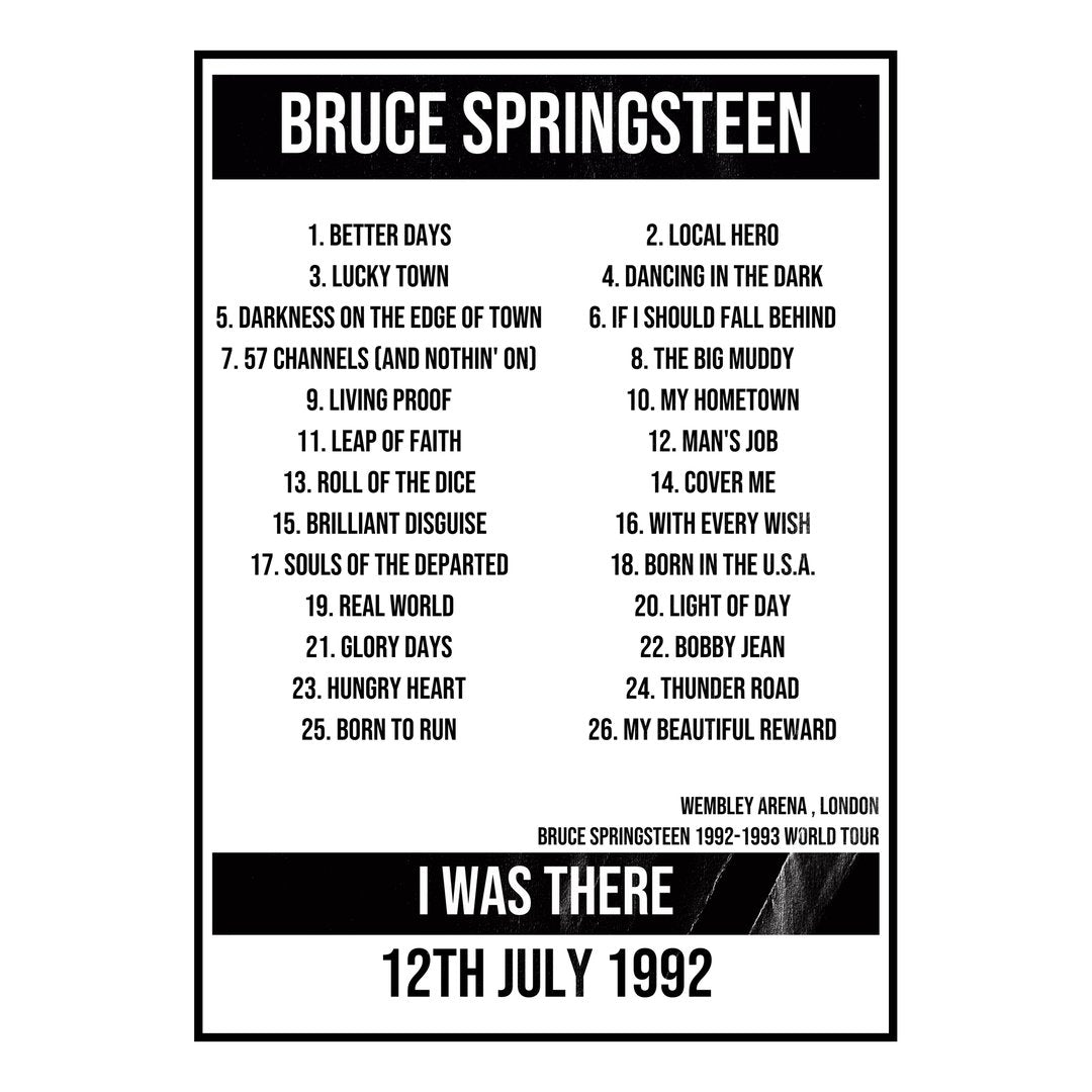Bruce Springsteen London 12th July 1992 Setlist poster
