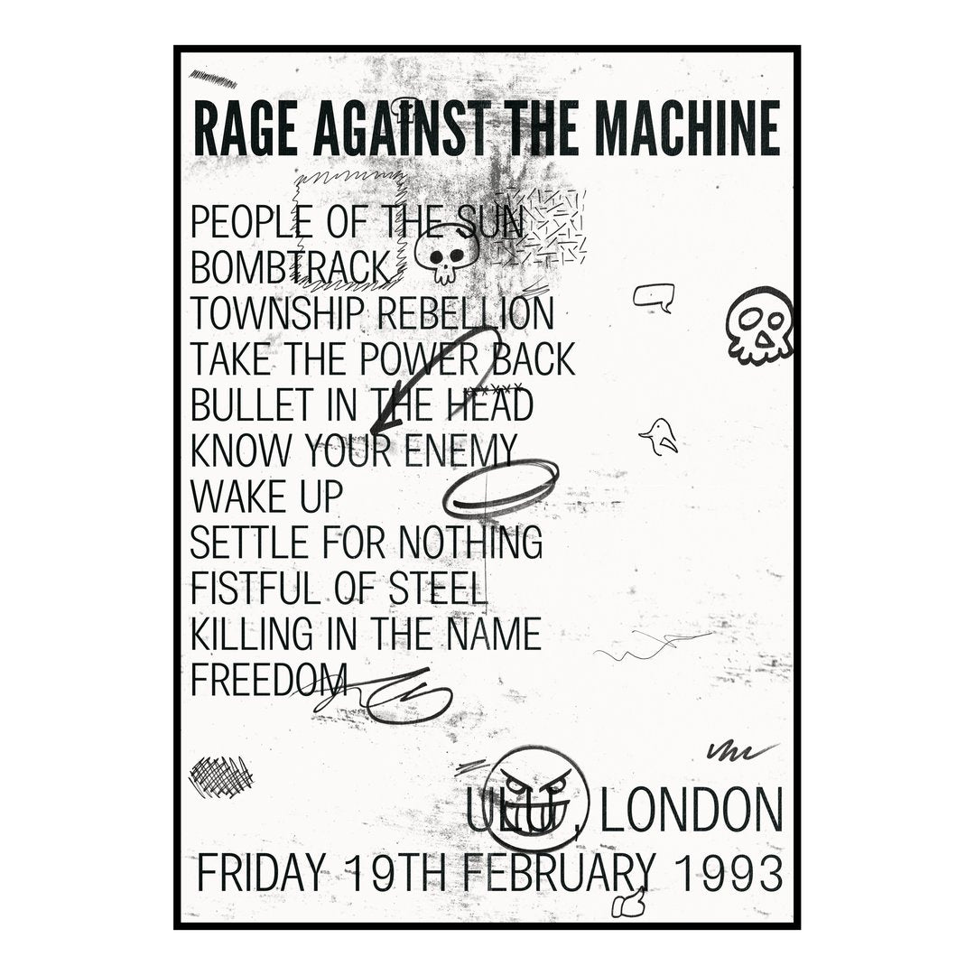 Rage Against the Machine London 19th February 1993 Setlist poster