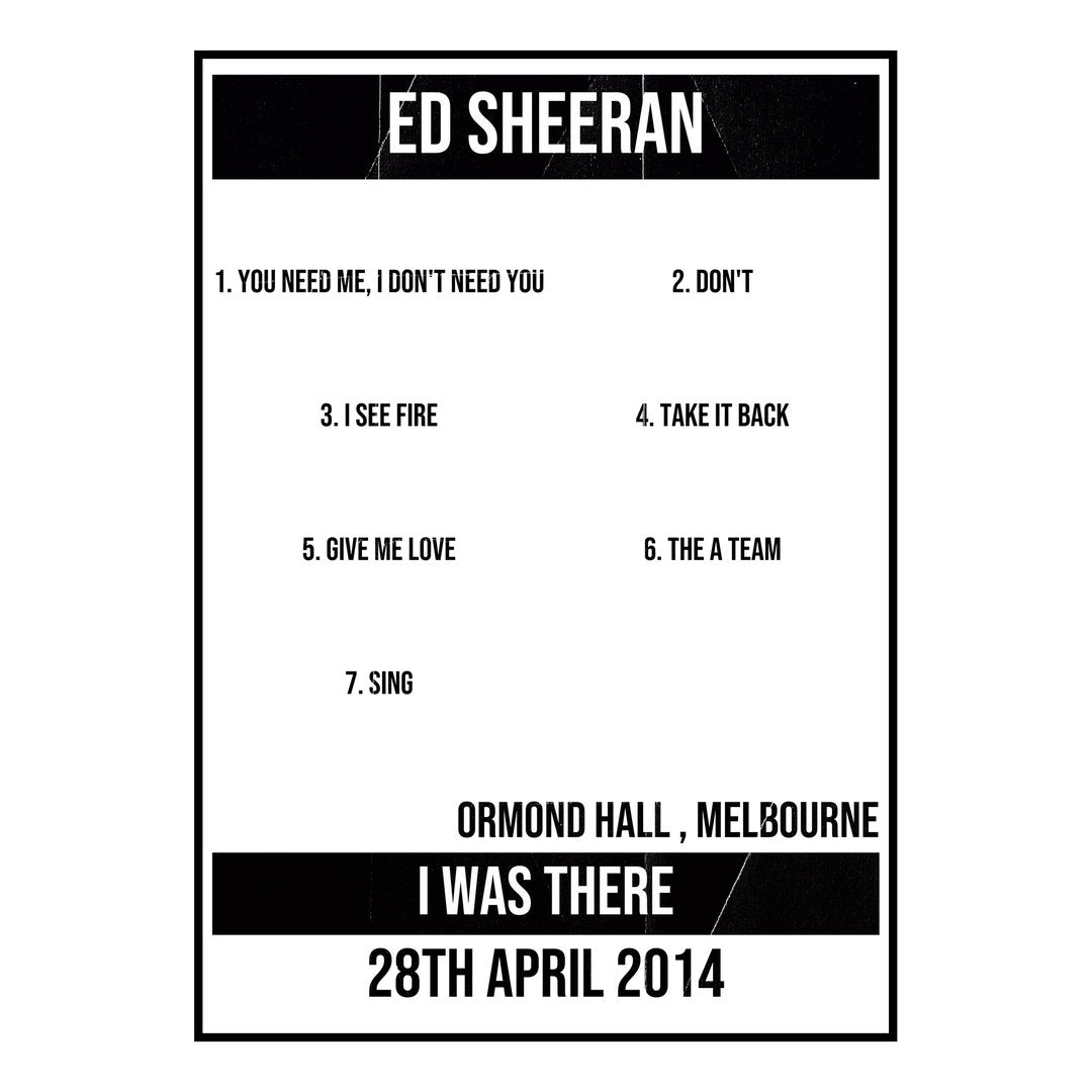 Ed Sheeran Melbourne 28th April 2014 Setlist poster
