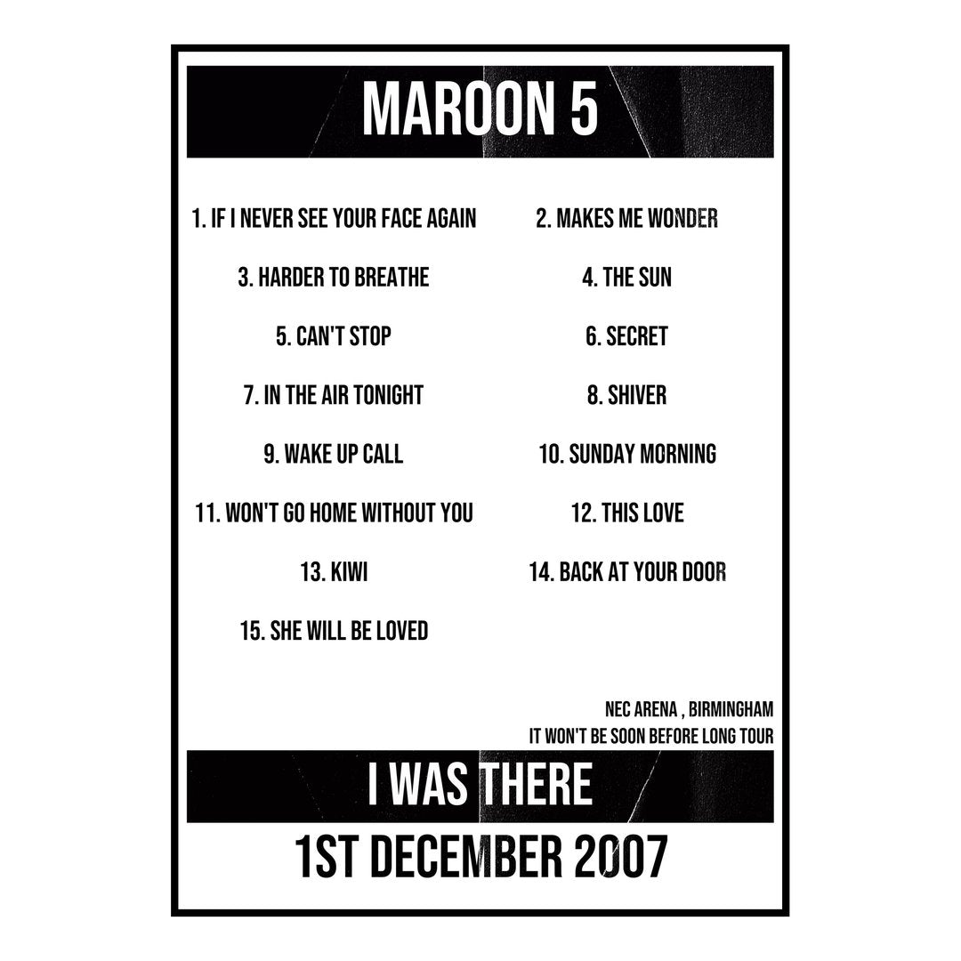 Maroon 5 Birmingham 1st December 2007 Setlist poster