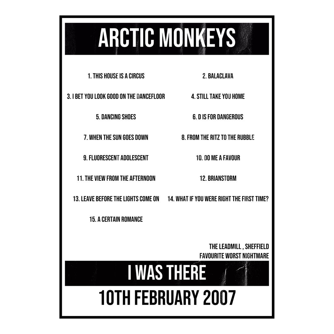 Arctic Monkeys Sheffield 10th February 2007 Setlist poster