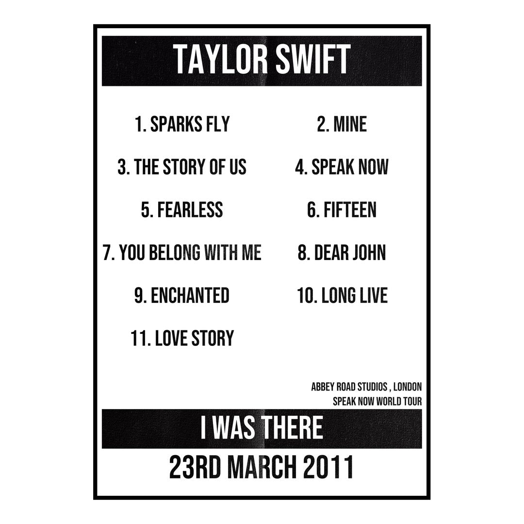 Taylor Swift London 23rd March 2011 Setlist poster