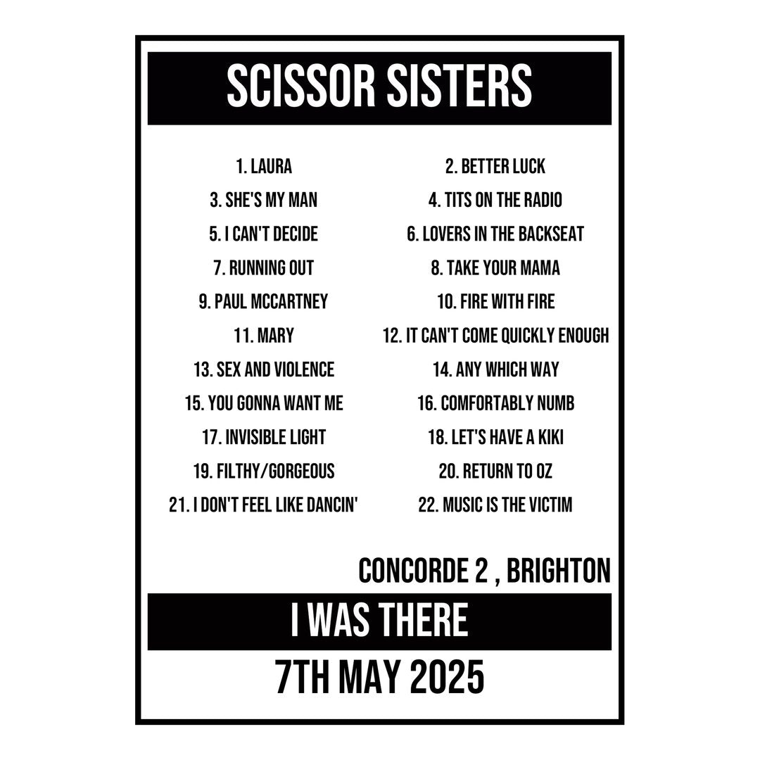 A Setlist Poster Featuring Scissor Sisters Gig from Brighton in 2025