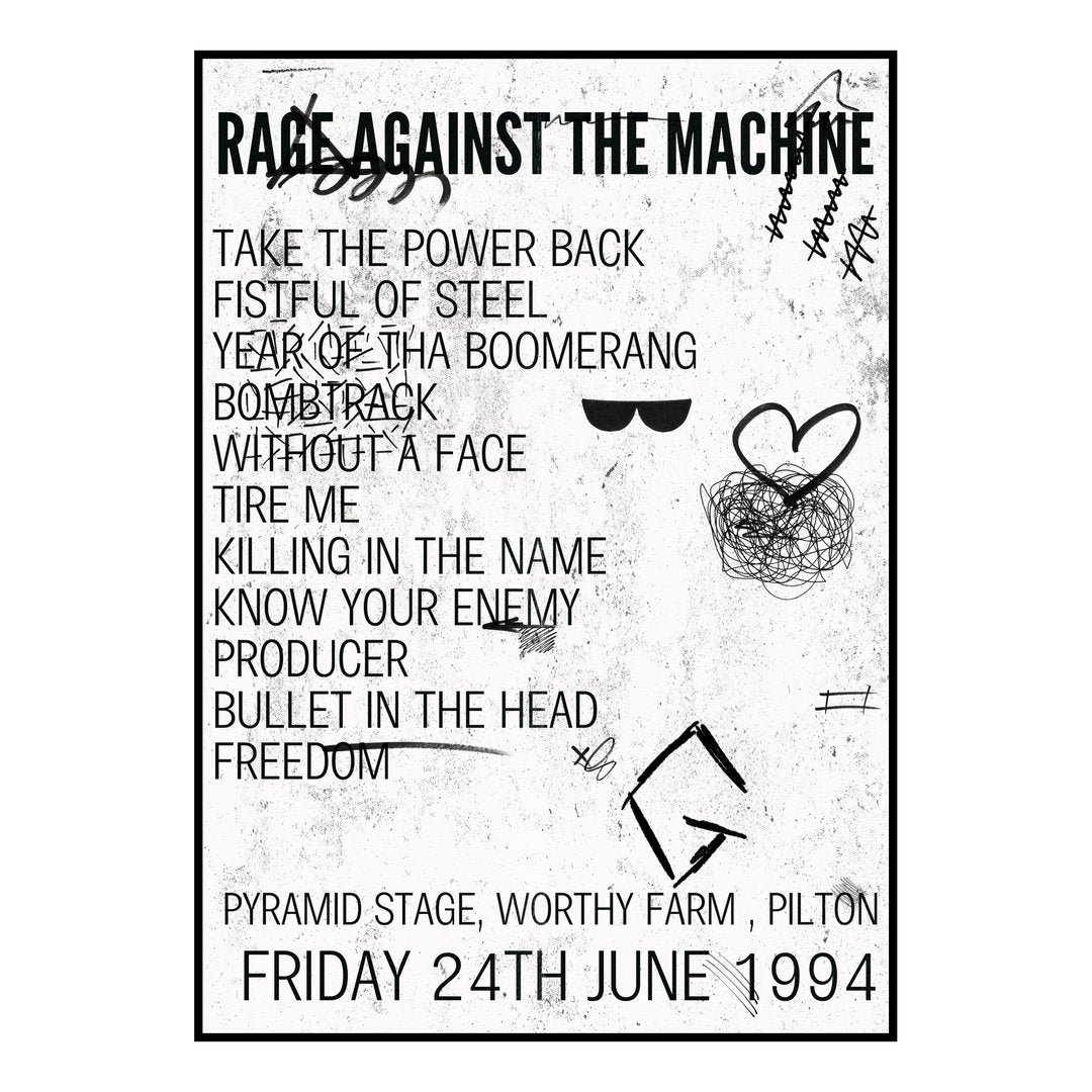 Rage Against the Machine Pilton 24th June 1994 Setlist poster