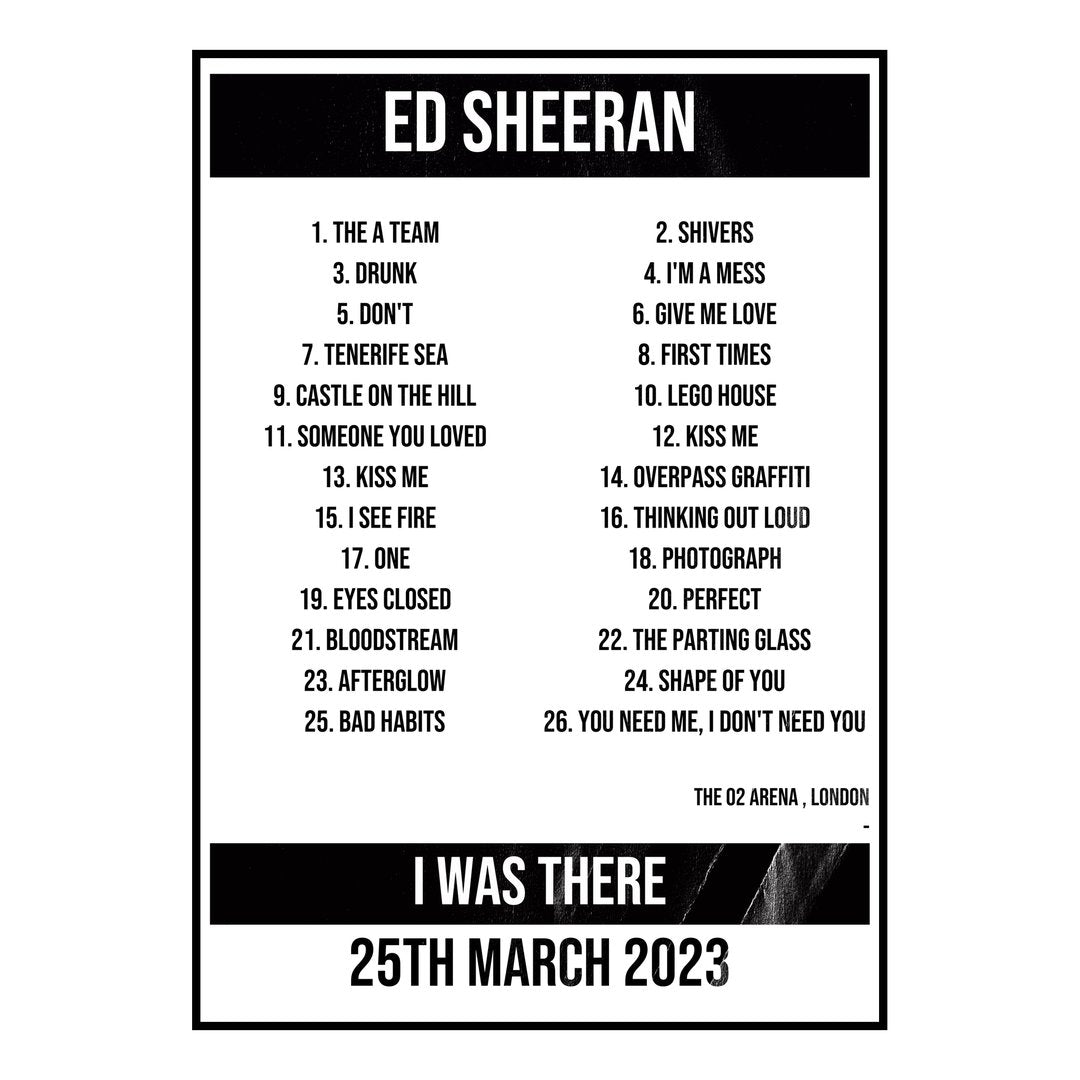 Ed Sheeran London 25th March 2023 Setlist poster