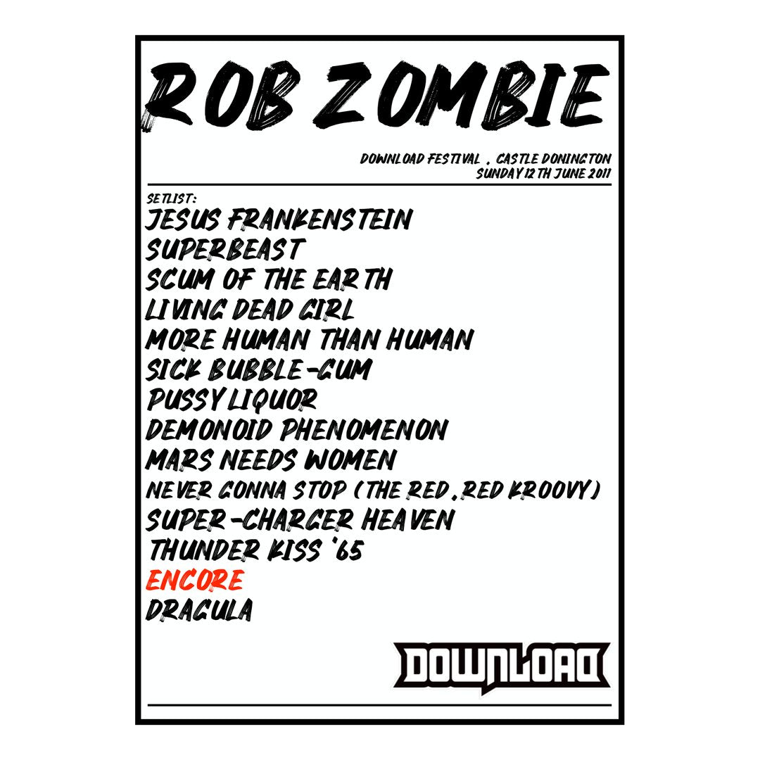 Rob Zombie Castle Donington 12th June 2011 Setlist poster