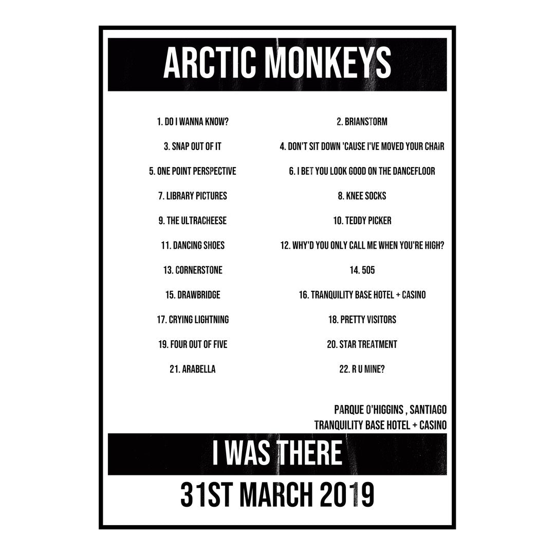 Arctic Monkeys Santiago 31st March 2019 Setlist poster