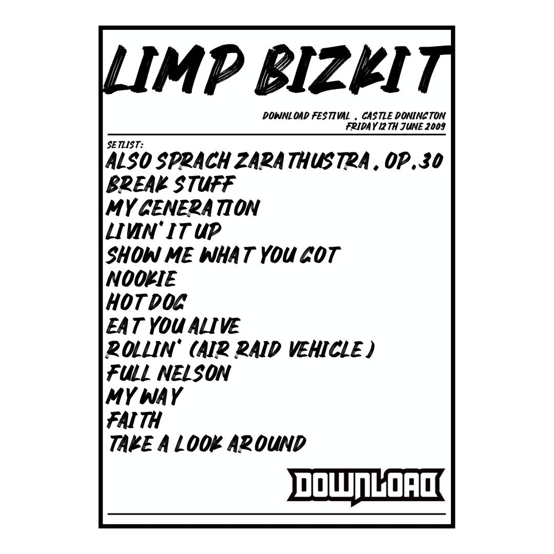 Limp Bizkit Castle Donington 12th June 2009 Setlist poster