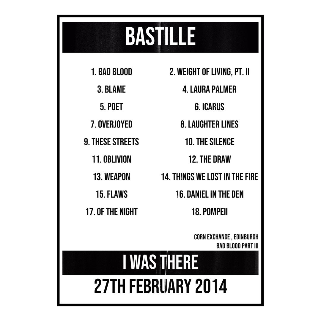 Bastille Edinburgh 27th February 2014 Setlist poster