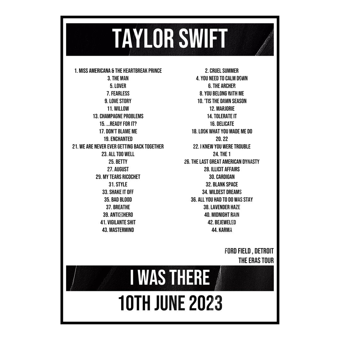 Taylor Swift Detroit 10th June 2023 Setlist poster