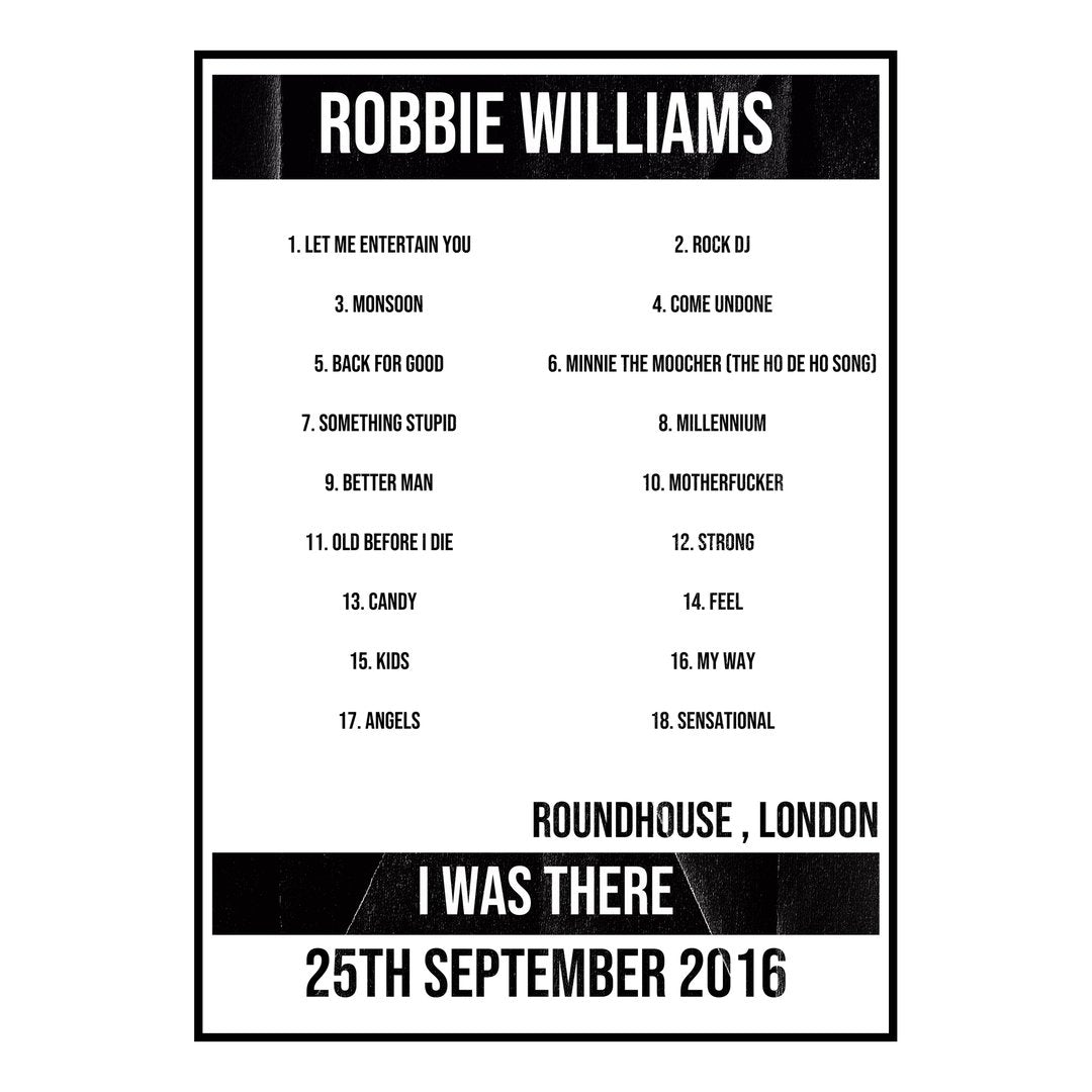 Robbie Williams London 25th September 2016 Setlist poster