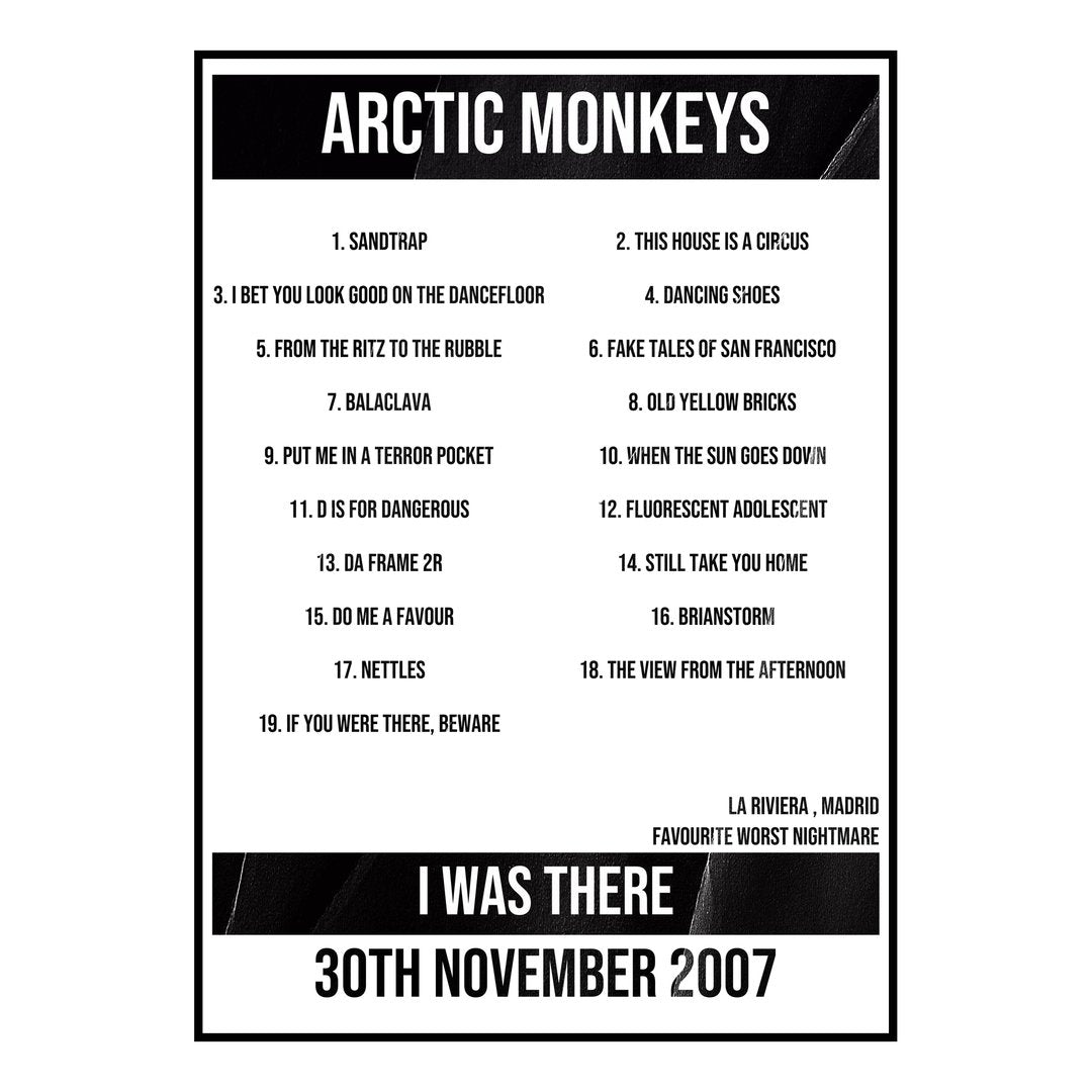 Arctic Monkeys Madrid 30th November 2007 Setlist poster