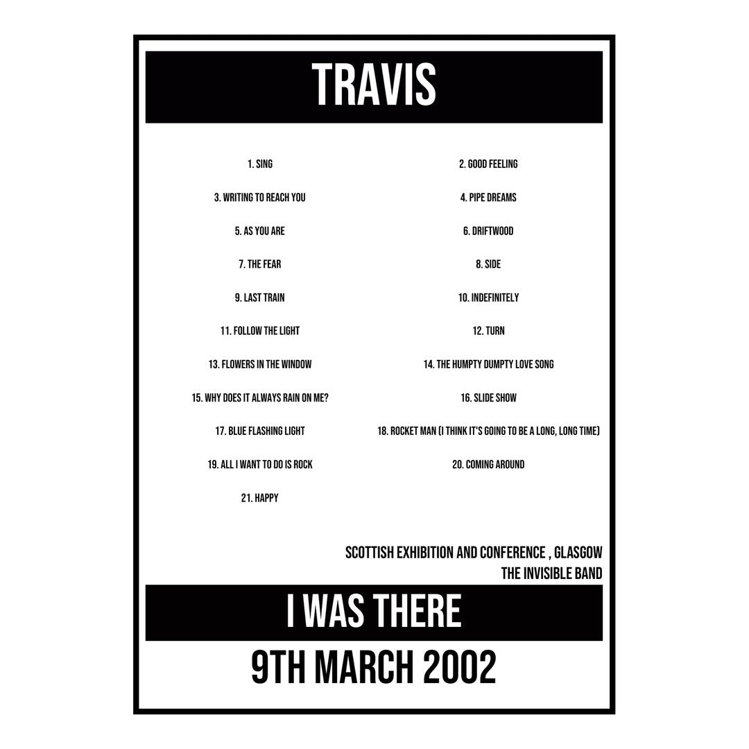 A Setlist Poster Featuring Travis Gig from Glasgow in 2002